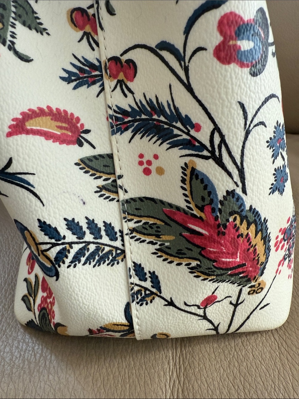 Tory Burch Floral Print Tote Bag with Navy Handles - Cream & Multicolor - Picture 10 of 15